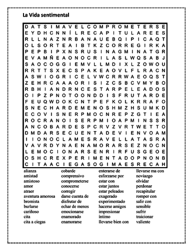 Vida sentimental (Relationship in Spanish) Wordsearch | Teaching Resources