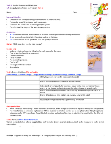 A-Level PE EDEXCEL (spec 2016) 1.4. Energy Systems: Part 1