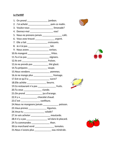 Partitif (French Partitive Article) Worksheet 5 | Teaching Resources