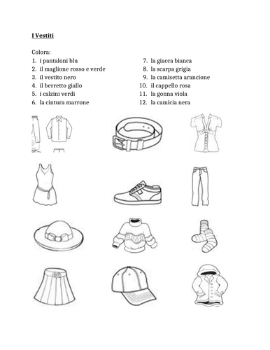 Vestiti (Clothing in Italian) Colora Worksheet 1 | Teaching Resources