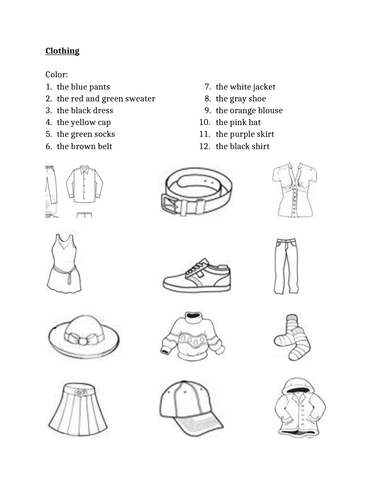 Clothing in English Color Worksheet 1 | Teaching Resources