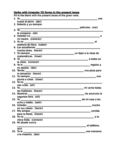 Verbs with irregular YO forms in Spanish worksheet | Teaching Resources
