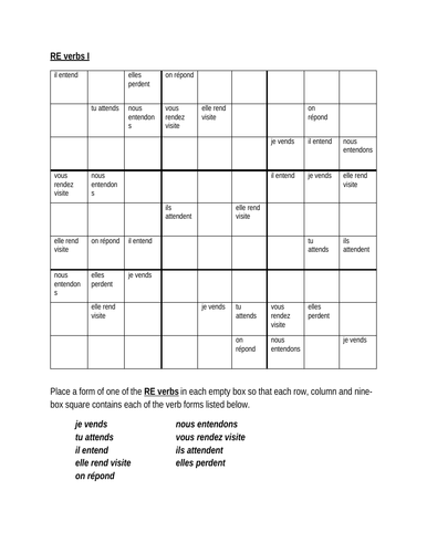 RE Verbs In French Verbes RE Present Tense Sudoku Teaching Resources