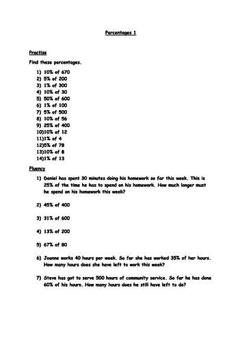 Year 6 Percentages Worksheet