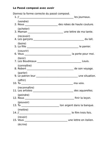 Passé Composé Avec Avoir Regular And Irregular French Worksheet 4 Teaching Resources 