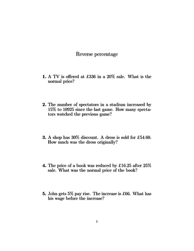 Reverse percentage worksheet (with answers) | Teaching Resources