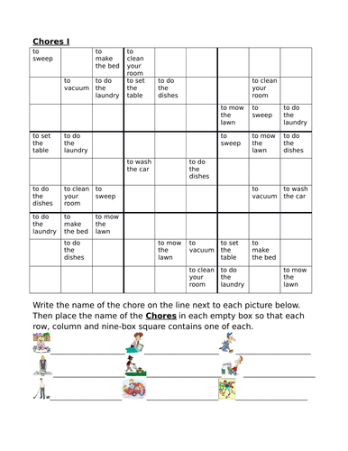 Chores In English Sudoku Teaching Resources