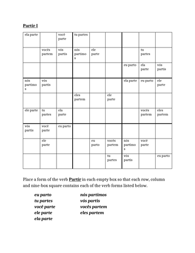 Partir Portuguese Verb Present Tense Sudoku Teaching Resources
