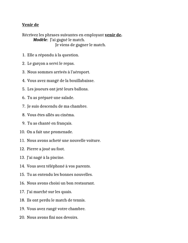 Venir de + Infinitive (Passé récent in French) Worksheet 1 | Teaching ...