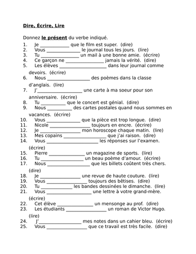 Dire, Écrire, Lire French verbs worksheet 1 | Teaching Resources