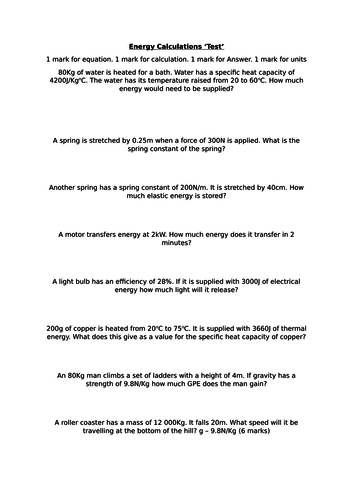 AQA Energy Calculations Test