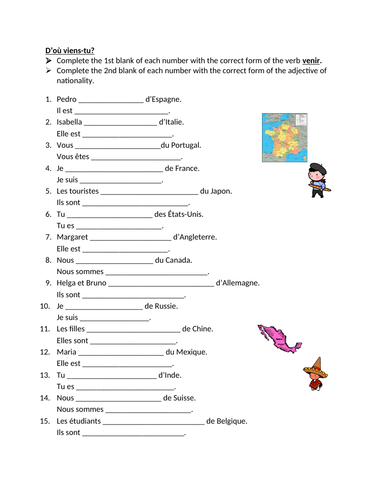 Venir Et Nationalité Nationality In French Worksheet Teaching Resources 0130