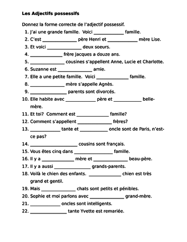 Adjectifs possessifs (French Possessive Adjectives) Worksheet 5 ...