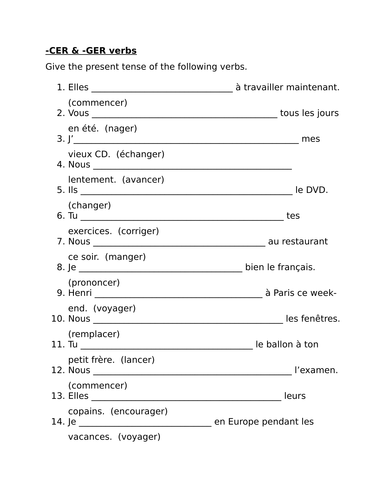 Cer Verbs Ger Verbs In French Verbes Cer Ger Worksheet 2 Teaching Resources 