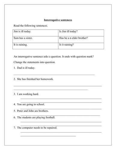 Interrogative Sentences Worksheet Teaching Resources