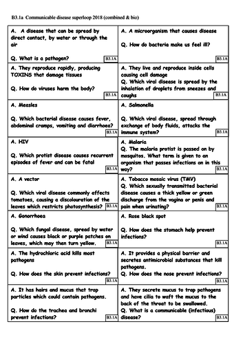 Revision card sorts for AQA 9-1 GCSE Biology / Combined – B3 - Communicable Disease