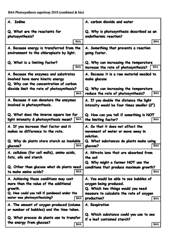 Revision card sorts for AQA 9-1 GCSE Biology / Combined - B4 - Respiration & Photosynthesis