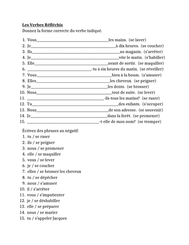 verbes reflechis french reflexive verbs present worksheet 6