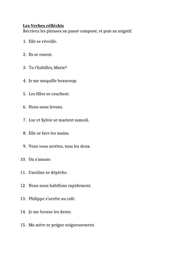 Verbes réfléchis (French Reflexive verbs) Passé composé Worksheet 5 ...