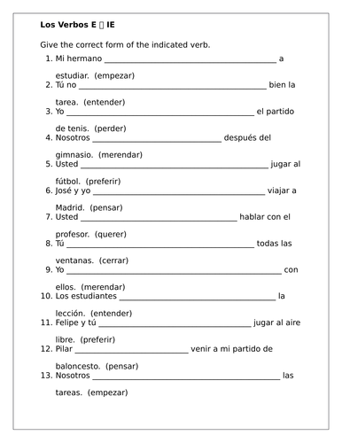 E to IE Spanish Verbs Worksheet 2 | Teaching Resources