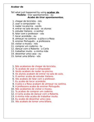 Acabar de Portuguese Worksheet | Teaching Resources