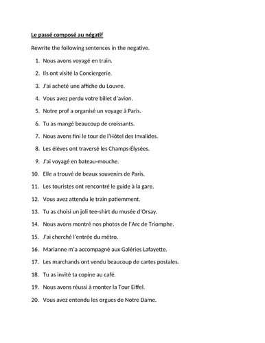 Passe Compose Au Negatif French Worksheet Teaching Resources