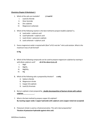 Salts Quantitative Worksheets and Ans (Moles, Mass, Volume, Molarity ...