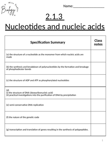 OCR A level Biology 2.1.3 Nucleotides and nucleic acids (approx 10 ...