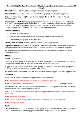 Negative feedback, Adrenaline and thyroxine for higher tier GCSE Biology exam technique lesson