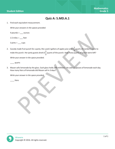 5.MD.A.1 - Quiz and Answer Guide | Teaching Resources