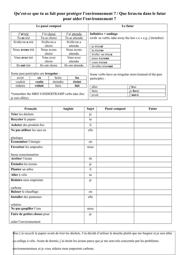 GCSE French environment l'environnement _ past future tenses practice grammar translation