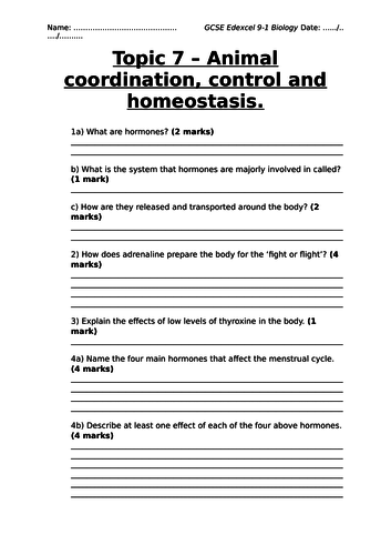 Topic 7 – Animal coordination, control and homeostasis EDEXCEL 9-1 WORKSHEET GCSE