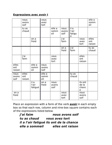Expressions Avec Avoir French Verb Sudoku 2 Teaching Resources