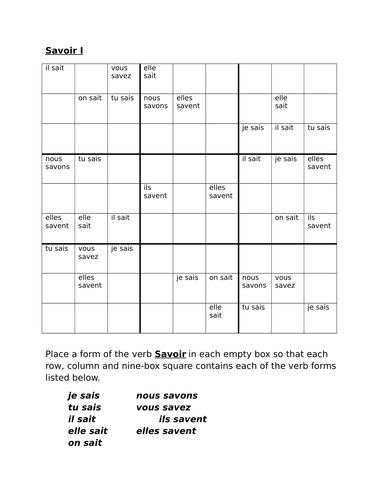 Savoir French Verb Present Tense Sudoku Teaching Resources
