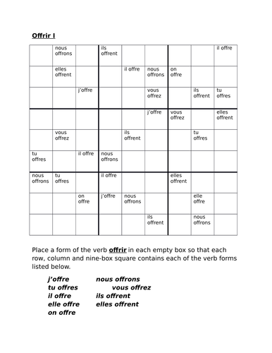Offrir French Verb Present Tense Sudoku Teaching Resources