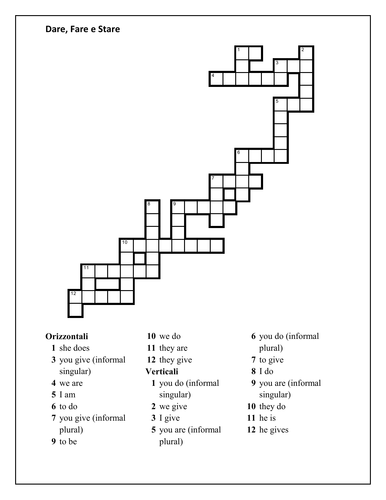 Dare Fare Stare Italian Verbs Crossword Teaching Resources