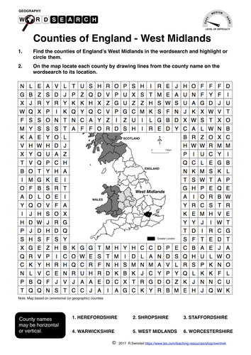 Counties of England's West Midlands - word search and mapping exercise