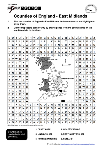 Counties of England: East Midlands - word search and mapping exercise