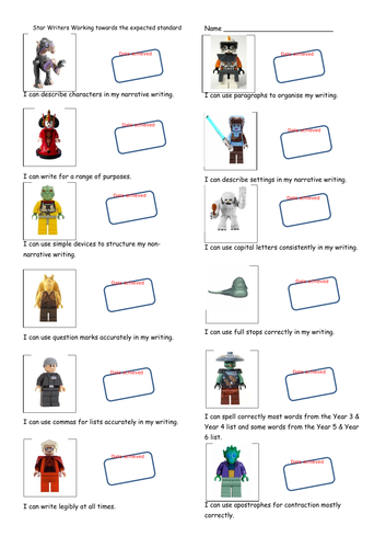 Star Wars themed KS2 Writing Teacher Assessment Record Sheet - Working Towards the Standard.