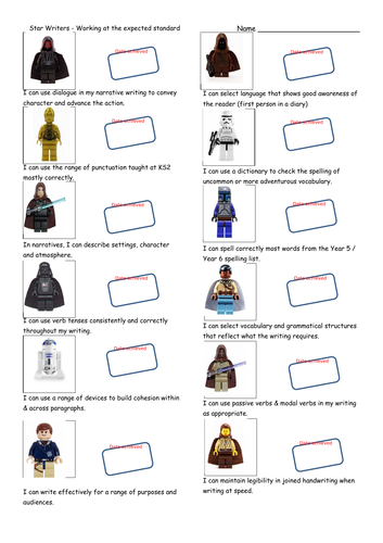 Star Wars themed KS2 Writing Teacher Assessment Record Sheet - Working at the Expected Standard.