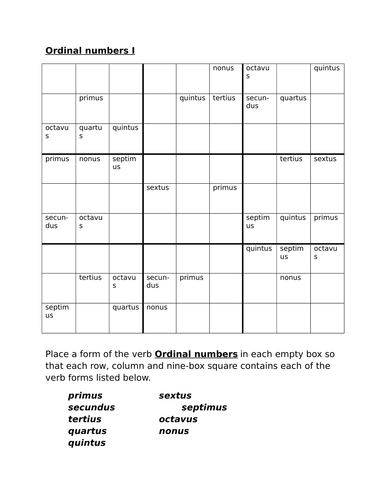 Numeri Ordinal Numbers In Latin Sudoku Teaching Resources