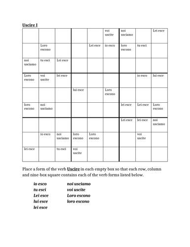 Uscire Italian Verb Present Tense Sudoku Teaching Resources