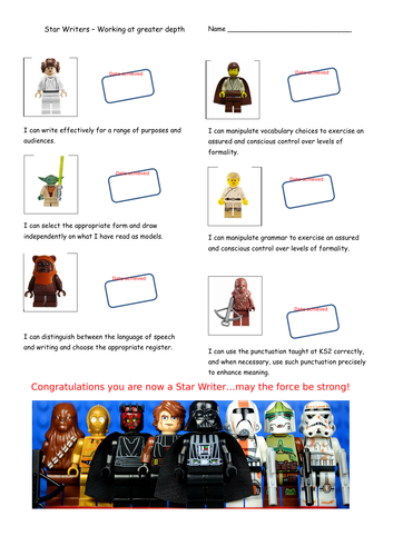 Star Wars themed KS2 Writing Teacher Assessment Record Sheet - Working at Greater Depth.