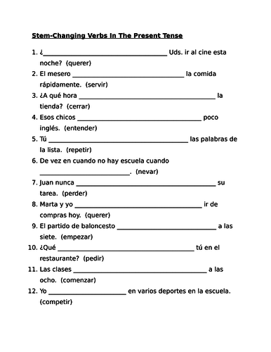 stem change verbs in spanish worksheet 2 teaching resources