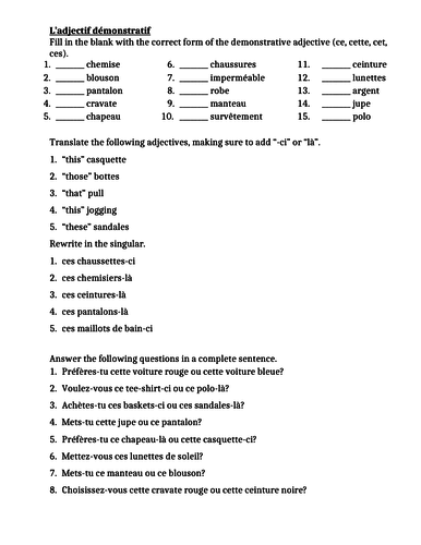 worksheet french adjectives