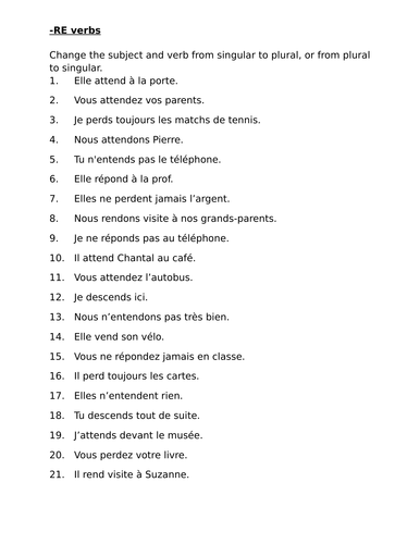 RE Verbs In French Verbes RE Present Tense Worksheet 1 Teaching Resources