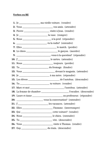 RE Verbs In French Present Tense Worksheet 2 Teaching Resources