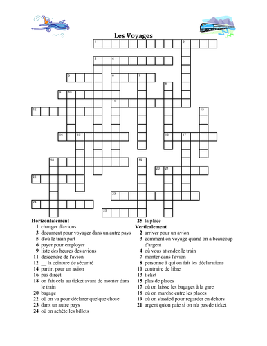 Voyages (Travel in French) Crossword Teaching Resources