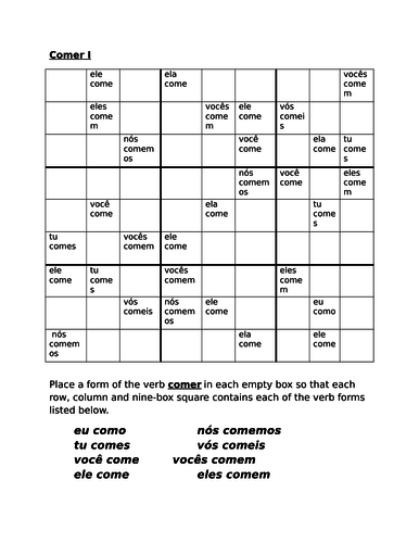 Comer Portuguese Verb Present Tense Sudoku Teaching Resources