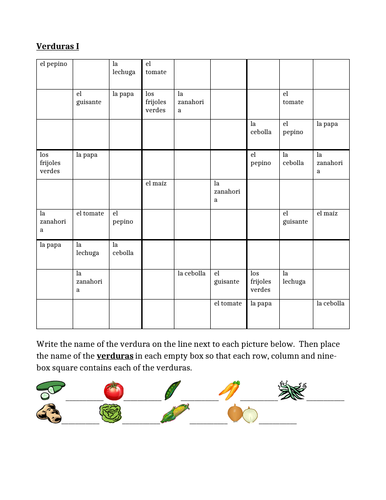 Verduras Vegetables In Spanish Sudoku Teaching Resources